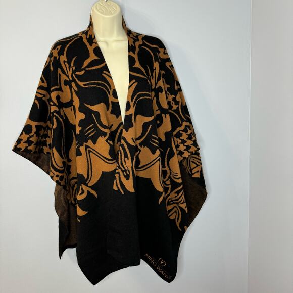Ming Wang Knit Poncho Cape Wrap Rust Brown Black Printed Hope Wrap O/S New - Picture 3 of 15